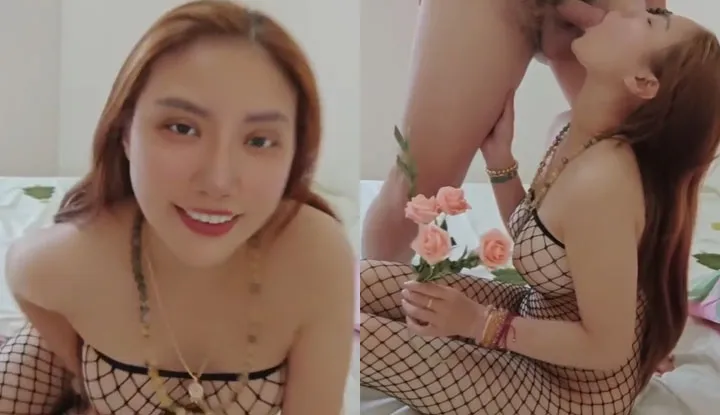 Put on the sexy mesh outfit for some fun, but the dick is too big to fit in the small mouth.